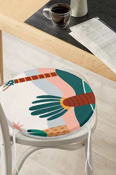 Realhomes Colorful Background Palm Patterned Digital Printed Modern Round Zippered Chair Cushion