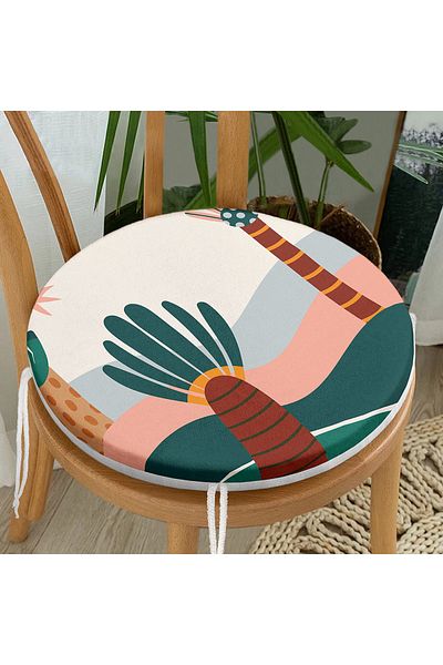 Realhomes Colorful Background Palm Patterned Digital Printed Modern Round Zippered Chair Cushion