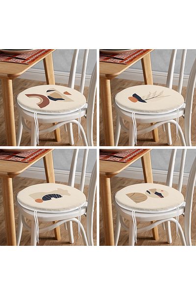 Realhomes 4-Piece Cream Floor Ethnic Design Digital Printed Modern Round Zippered Chair Cushion Set