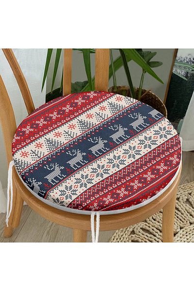 Realhomes Digital Printed Round Zippered Chair Cushion with Christmas Deers Motif
