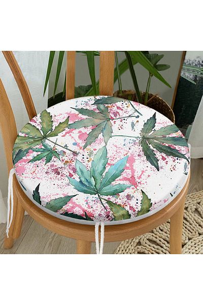 Realhomes Digital Printed Modern Round Zippered Chair Cushion with Green Leaf Pattern on White Background