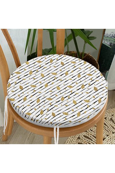 Realhomes Black and White Background Gold Leaf Patterned Digital Printed Modern Round Zippered Chair Cushion