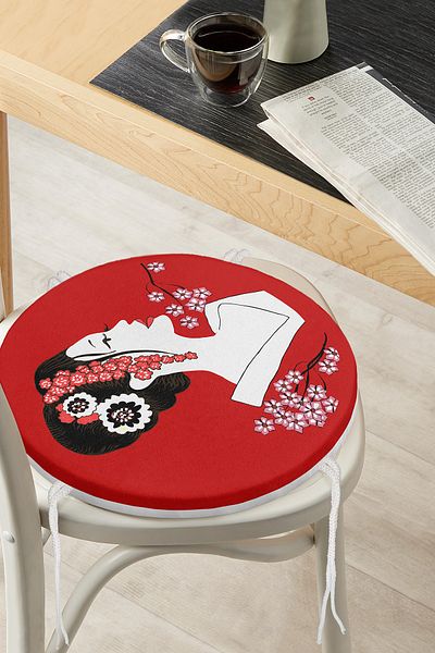 Realhomes Black And Red Background Japanese Girl Modern Round Zippered Chair Cushion