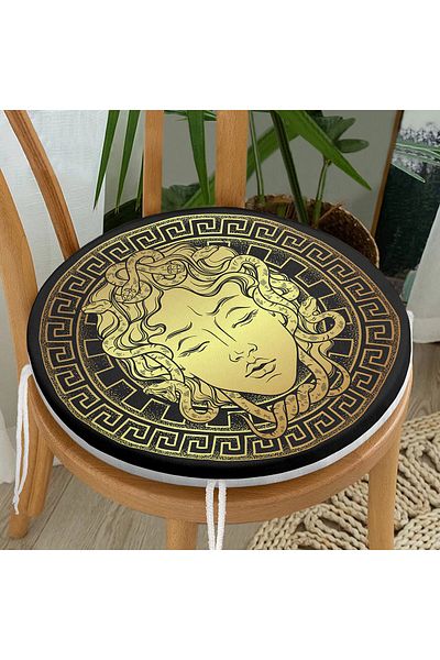 Realhomes Custom Design Gold Medusa Round Zippered Chair Cushion on Black Floor