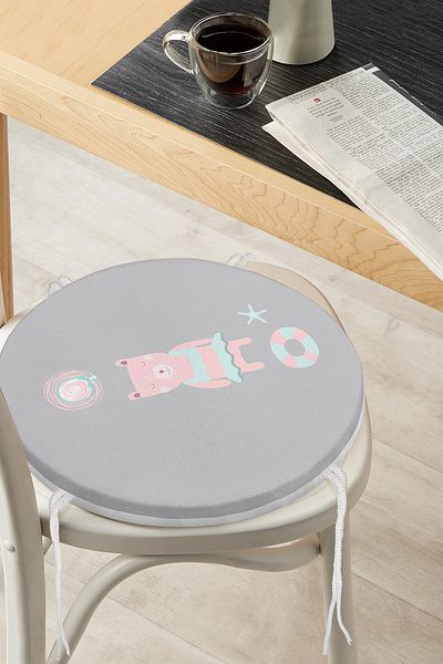 Realhomes Modern Round Zippered Chair Cushion with Sea and Teddy Bear Pattern on Gray Background