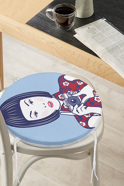 Realhomes Round Zippered Chair Cushion with Japanese Girl Motif Taking Photos