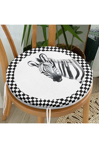 Realhomes Checkered Frame Motif Zebra Patterned Round Zippered Chair Cushion