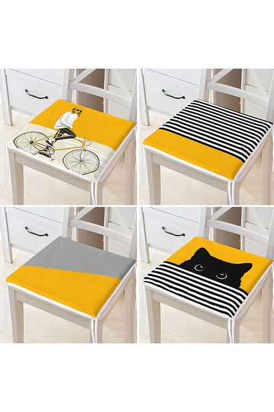 Realhomes 4-Piece Yellow Bicycle Man Cat Design Zippered Chair Cushion Set