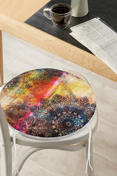 Realhomes Watercolor Themed Mandala Patterned Modern Round Zippered Chair Cushion