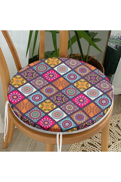 Realhomes Checkered Ethnic Patterned Special Design Modern Round Zippered Chair Cushion