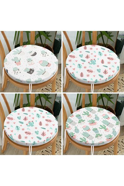 Realhomes 4-Piece Cactus Patterned Modern Round Zippered Chair Cushion Set on White Background