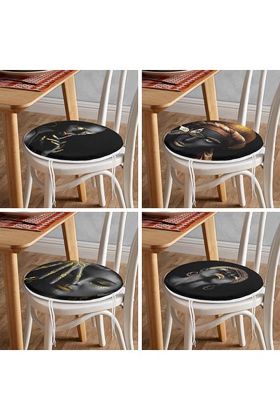 Realhomes African Lady Themed Round Zippered Chair Cushion Set of 4 with Black Background