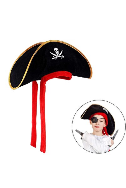 MOBGİFT Çocuk Boy Kadife Jack Sparrow Denizci Korsan Şapkası 45x16 Cm