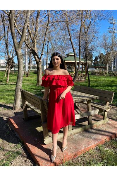 Bersi Butik Rochie roșie din șifon cu guler Carmen