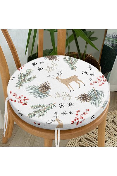 Realhomes Digital Printed Modern Round Zippered Chair Cushion with Colored Pine Leaf Pattern on White Background