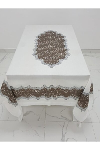 Finezza Meltem Baskılı Keten Kumaş Kreme Kahve Masa Örtüsü 160x220 Cm - 1142