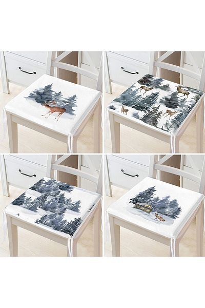 Realhomes 4-Piece Special Design Deers & Pine Wood Motif Digital Printed Zippered Chair Cushion Set