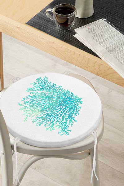 Realhomes Digital Printed Round Zippered Chair Cushion with Green Colored Seaweed Pattern on White Background