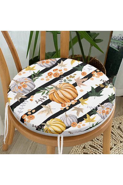 Realhomes Modern Round Zippered Chair Cushion with Black Striped Pumpkin Pattern on White Background