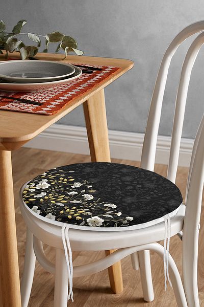 Realhomes Gold Detailed Flower Patterned Digital Printed Modern Round Zippered Chair Cushion on Black Background