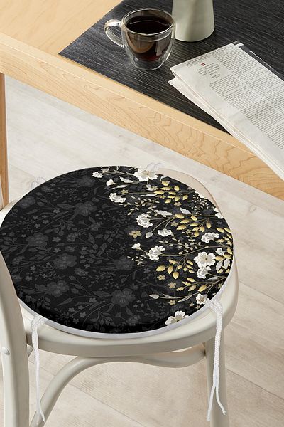 Realhomes Gold Detailed Flower Patterned Digital Printed Modern Round Zippered Chair Cushion on Black Background