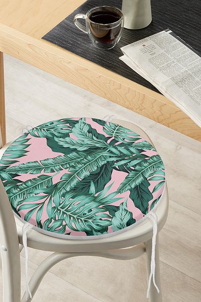 Realhomes Digital Printed Modern Round Zippered Chair Cushion with Green Leaf Pattern on Pastel Floor
