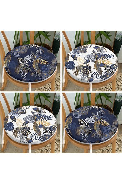Realhomes 4-Piece Modern Round Zippered Chair Cushion Set with Gold Detailed Leaf Pattern on Colorful Floor