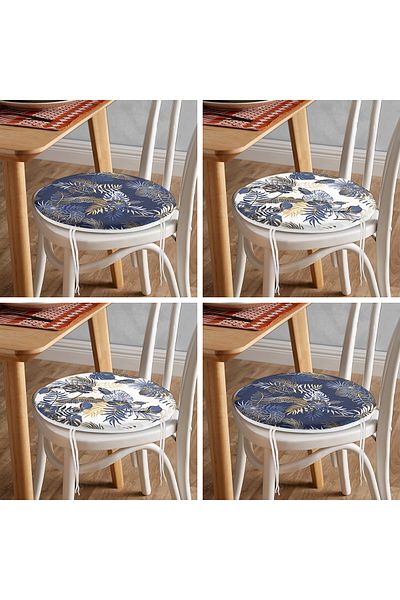 Realhomes 4-Piece Modern Round Zippered Chair Cushion Set with Gold Detailed Leaf Pattern on Colorful Floor