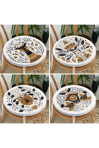 Realhomes Set of 4 Brown & Black Colored Special Design Digital Printed Round Zippered Chair Cushions