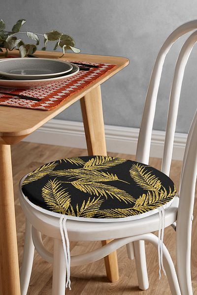 Realhomes Gold Colored Leaf Patterned Digital Printed Modern Round Zippered Chair Cushion on Black Background