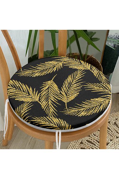 Realhomes Gold Colored Leaf Patterned Digital Printed Modern Round Zippered Chair Cushion on Black Background