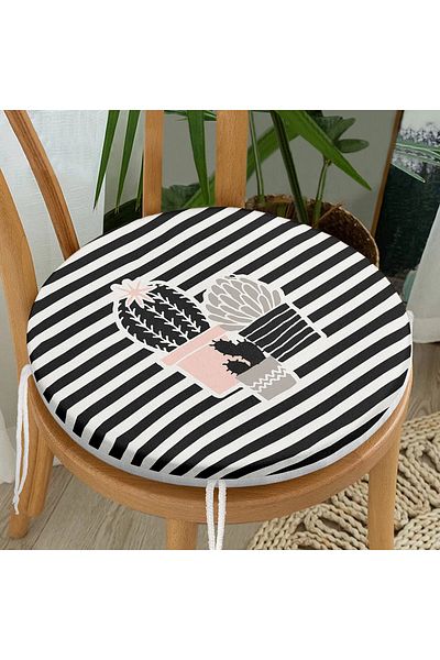 Realhomes Modern Round Zippered Chair Cushion with Black Striped Cactus Pattern on Colorful Background
