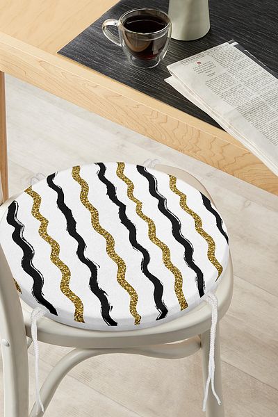 Realhomes Gold And Black Colored Lines On White Background Modern Round Zippered Chair Cushion