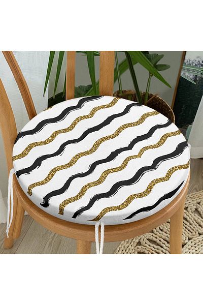 Realhomes Gold And Black Colored Lines On White Background Modern Round Zippered Chair Cushion