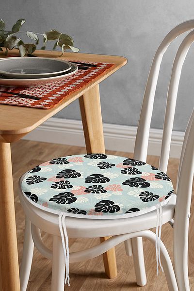 Realhomes Digital Printed Modern Round Zippered Chair Cushion with Black Leaf Pattern on Colorful Background