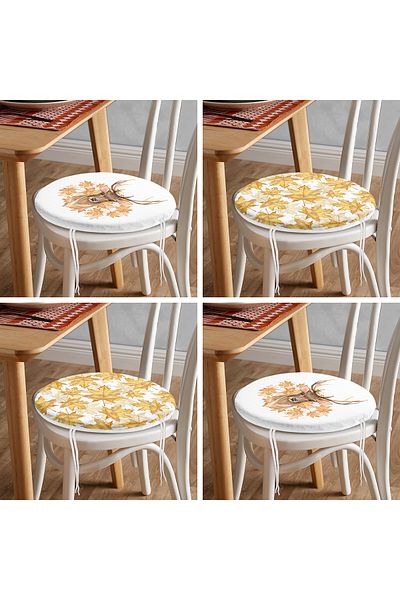 Realhomes 4-Piece Modern Round Zippered Chair Cushion Set with Dried Autumn Leaves & Deer Design