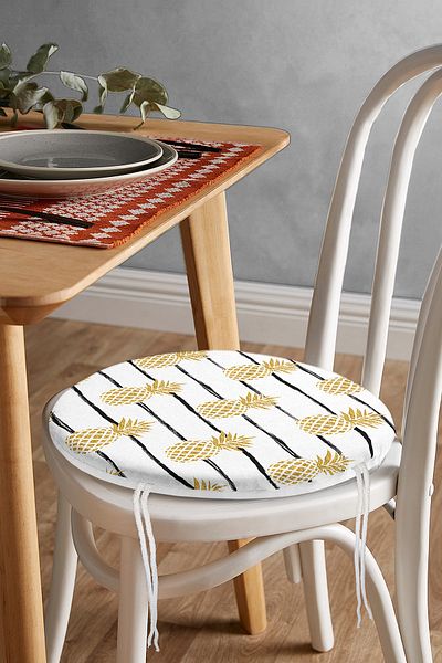 Realhomes Gold Colored Pineapple Patterned Digital Printed Modern Round Zippered Chair Cushion on White Background