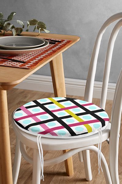 Realhomes Modern Round Zippered Chair Cushion with Modern Colorful Striped Polka Dot Pattern on White Background