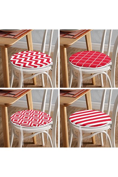 Realhomes Set of 4 Red Geometric Drawings Special Design Digital Printed Round Zippered Chair Cushion