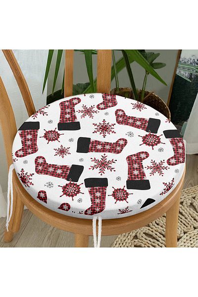 Realhomes Plaid Snowflake Patterned Digital Printed Modern Round Zippered Chair Cushion on White Background