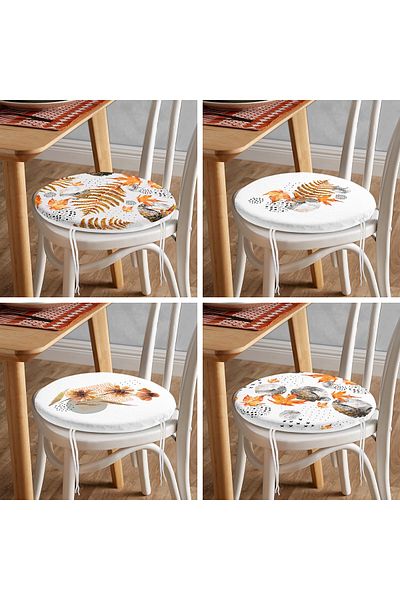 Realhomes 4-Piece Modern Round Zippered Chair Cushion Set with Dried Leaf and Flower Design on White Floor
