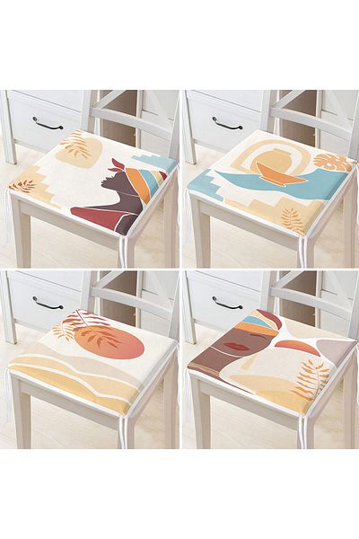 Realhomes Set of 4 Colorful African Women's Patterned Modern Zippered Chair Cushions with Onedraw Drawing on the Floor