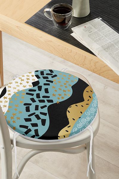 Realhomes Gold Detailed Colored Drawing Digital Printed Round Zippered Chair Cushion on Black and White Background