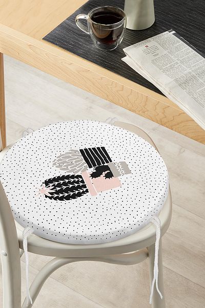 Realhomes Modern Round Zippered Chair Cushion with Black Polka Dot Cactus Pattern on White Background