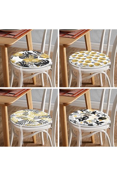 Realhomes 4-Piece Gold Detailed Leaf Patterned Modern Round Zippered Chair Cushion Set on White Background