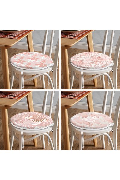 Realhomes Set of 4 Decorative Round Zippered Chair Cushions with Pink Leaf Drawing on White Background