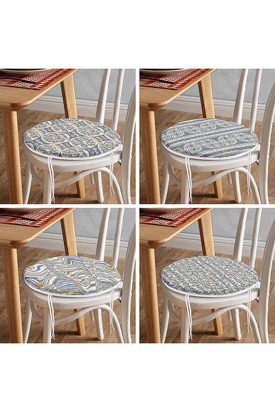 Realhomes 4-Piece Digital Printed Modern Round Zippered Chair Cushion Set with Marbling Art Motif on Denim Floor
