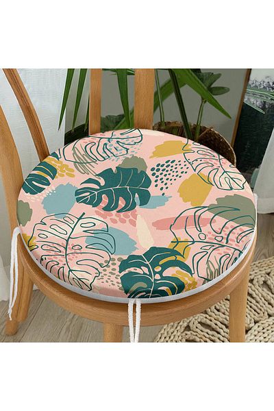 Realhomes Modern Round Zippered Chair Cushion with Onedraw Drawing Leaf Pattern on Powder Floor