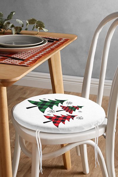 Realhomes Modern Round Zippered Chair Cushion with Plaid Pattern Pine Tree Motif on White Background