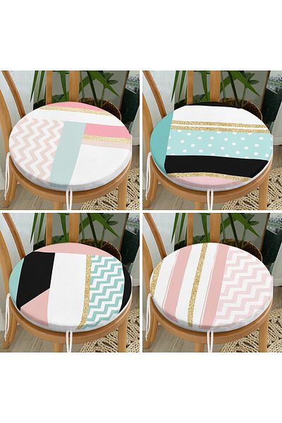 Realhomes Set of 4 Round Zippered Chair Cushions with Gold Detail on White Background